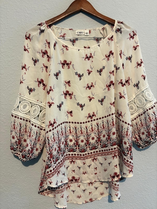 Cato Tops - Cato Cream and Burgundy Floral Crochet-Sleeve Peasant Blouse